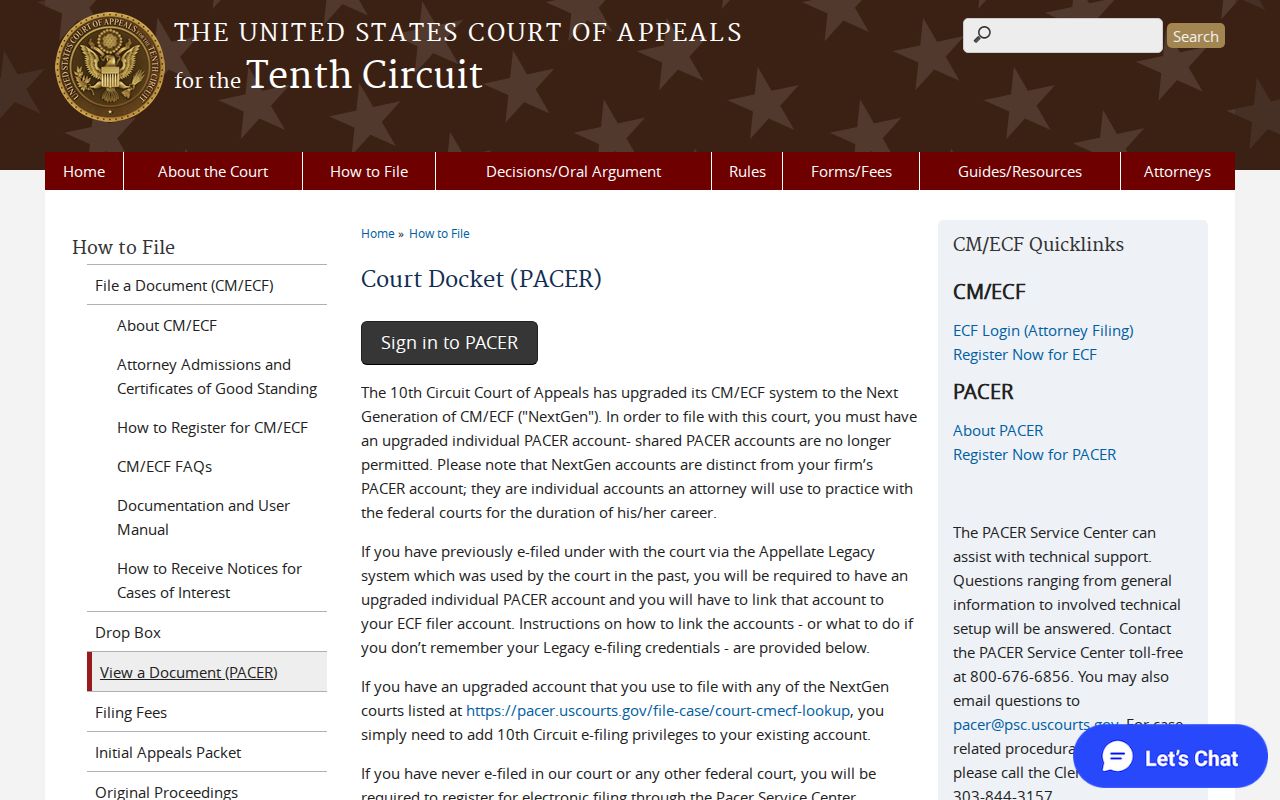 Tenth Circuit PACER court docket page