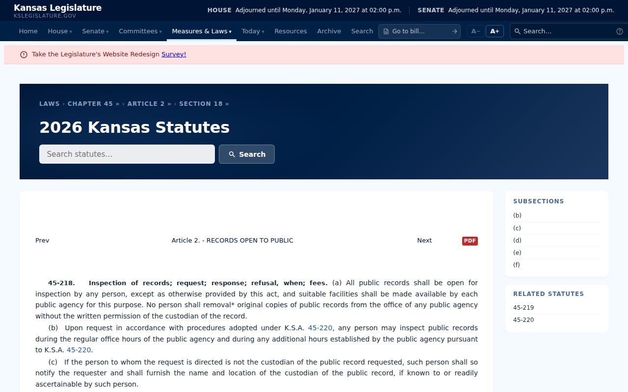 Kansas Legislature K.S.A. 45-218 inspection and response requirements