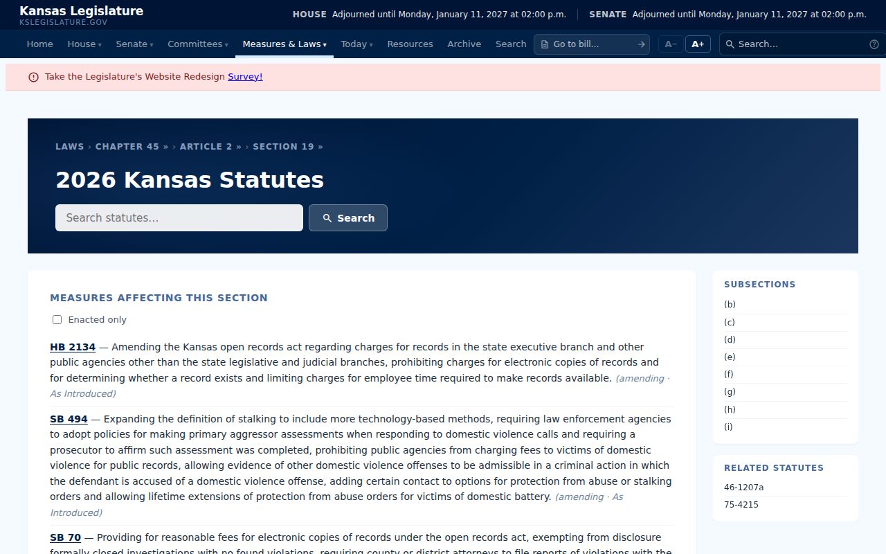 Kansas Legislature K.S.A. 45-219 public records fee rules