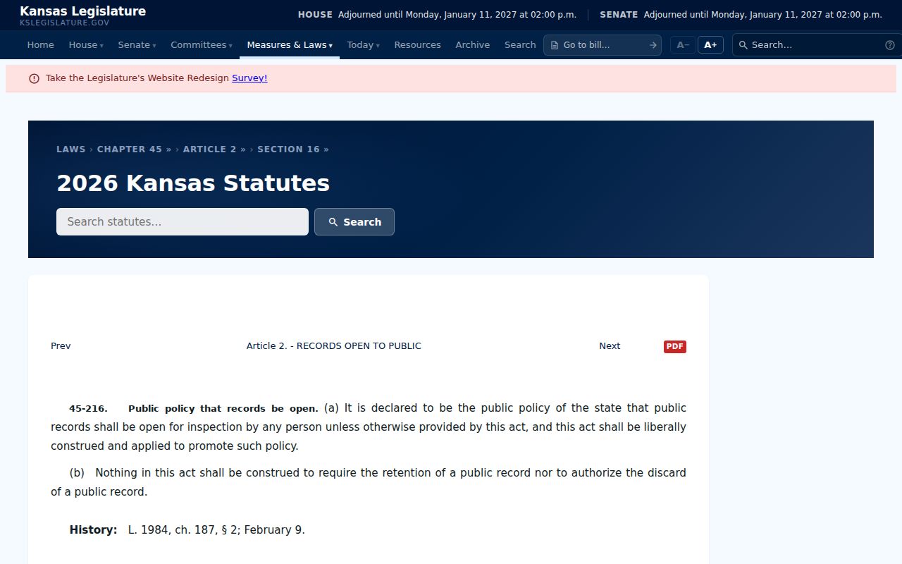 Kansas Legislature page for K.S.A. 45-216 public records policy